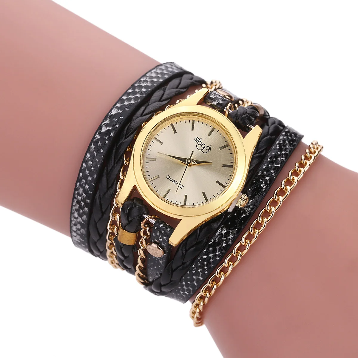 Кварцевые часы женские золотые часы Geneva браслет тканые леопардовые Многослойные часы с кожаным ремешком