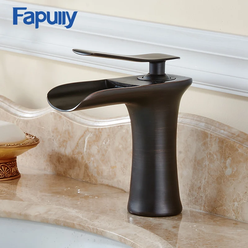 

Fapully Waterfall Bathroom Sink Tap Deck Mounted Cold Hot Basin Mixer Tap Gold Faucet Bathroom