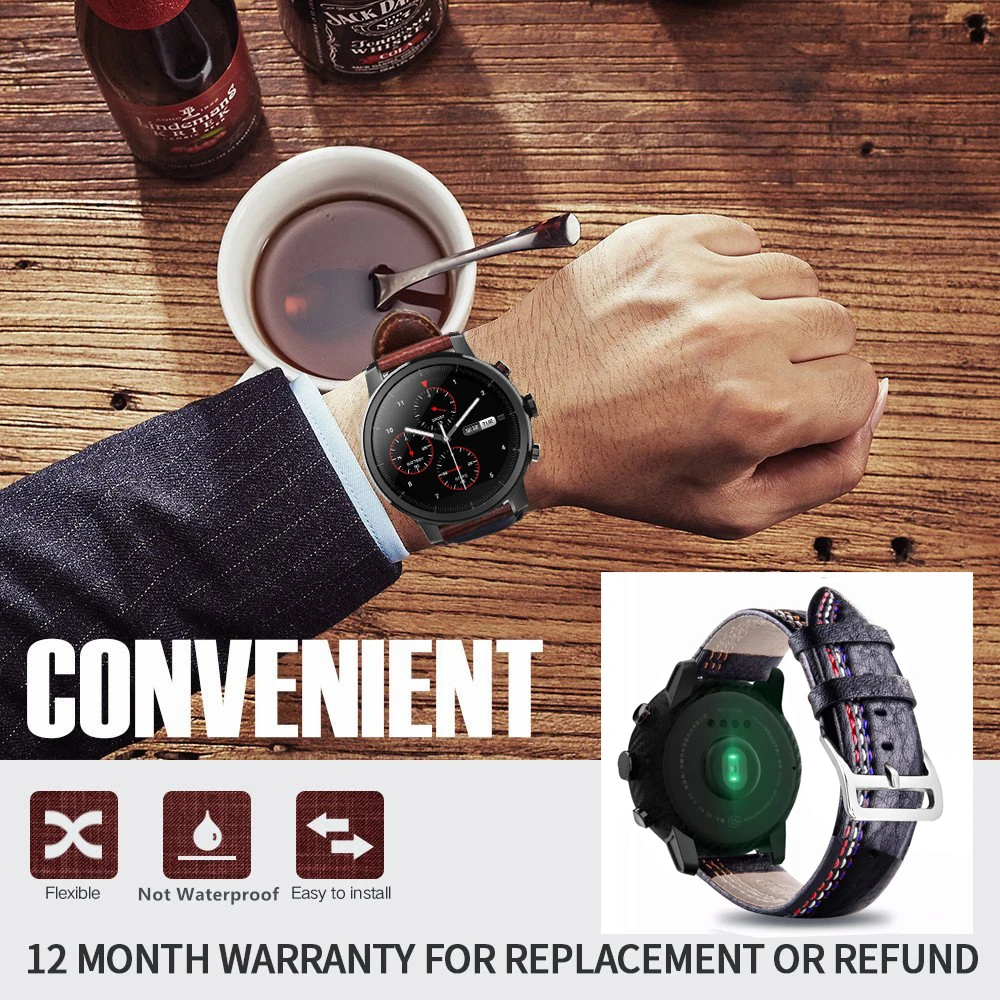 Черный кожаный ремешок для часов xiaomi huami amazfit pace lite Samsung Gear S3 Frontier