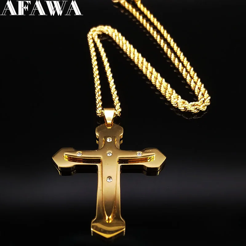 Модное ожерелье из нержавеющей стали с кристаллами крест для мужчин, большое Золотое ожерелье с цепочкой, ювелирное изделие, chaine homme N18619