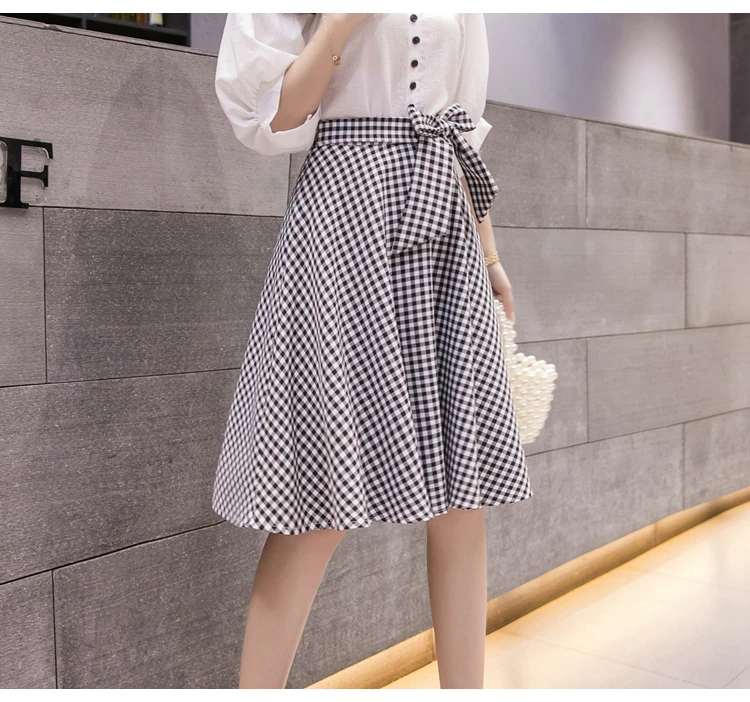 New Korean Chic Plaid Lace-Up High Waist Umbrella Skirt Women Summer Casual A-line Knee-length Skirts Womens Midi Skirt