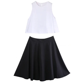 

2018 Women New Fashion Casual Solid Sleeveless White Loose Shirt Tops + Black Pleated Short Mini Skirts Summer Sets Hot