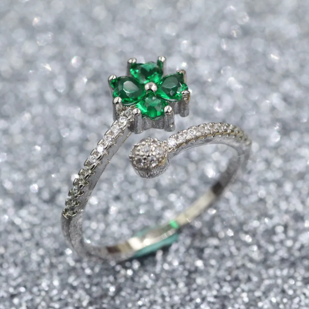 WalerV New 925 Silver Ring For Women Set Fashion Charm Green Four leaf grass Crystal Zircon Open Ring Lady Jewelry Girl Gifts