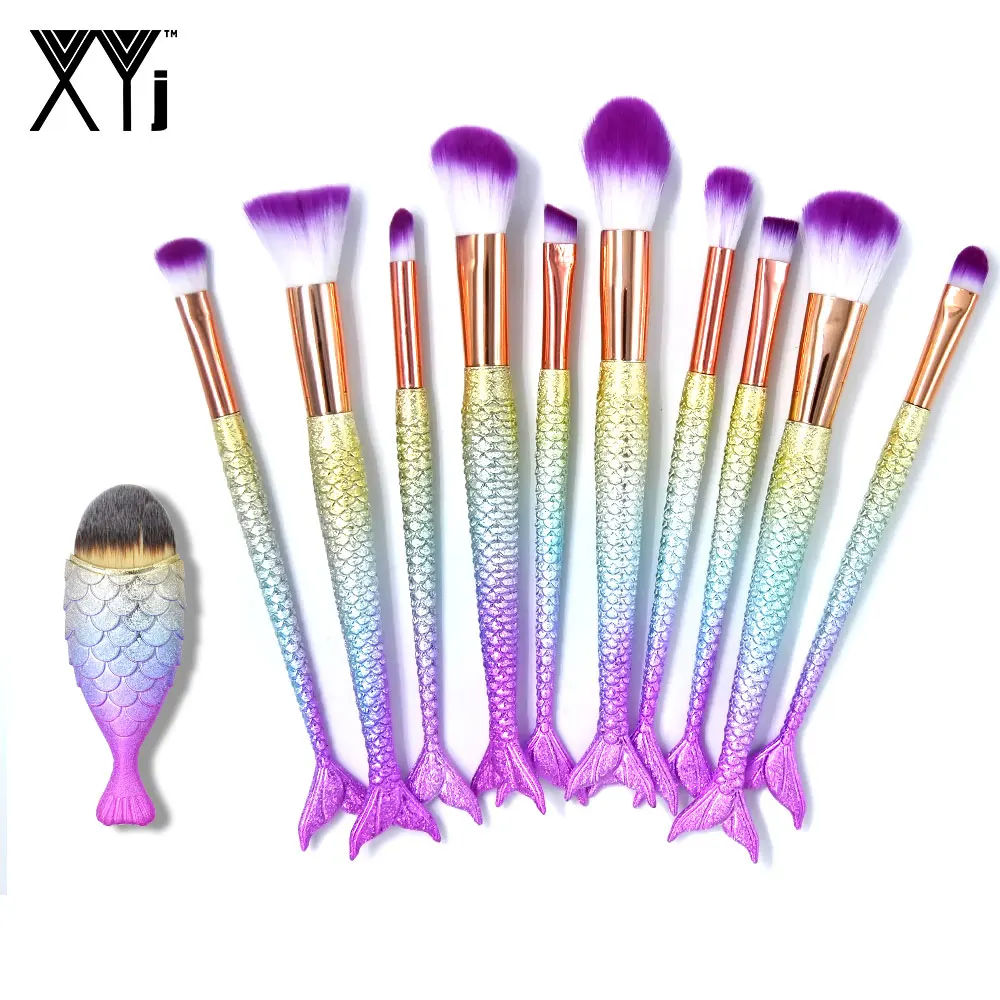 

10/11Pcs New Mermaid Makeup Brush Set Foundation Eyeshadow Eyebrow Eyeliner Lip Blush Brush Cosmetics Fish tail Make Up Brushes