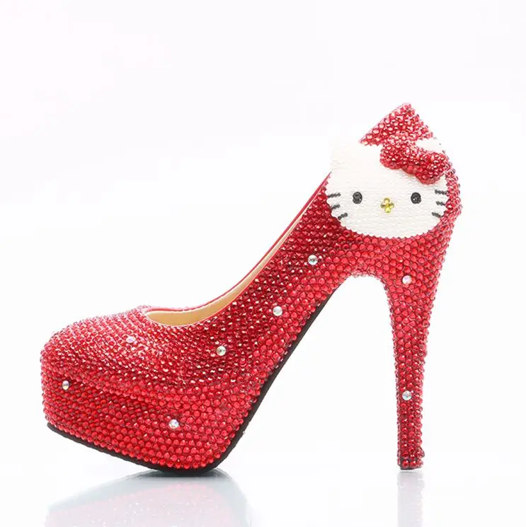 

Lovey hello kitty womens red crystal pumps shoes ladies HS140 girls plus sizes super heels red color proms dress party shoes