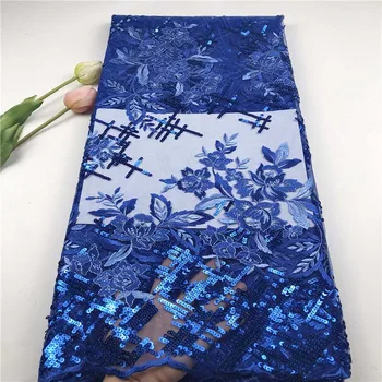 

New Royal Blue Sequin African Lace Fabric Gold Nigerian Sequence Lace Fabrics Embroidery French Net Lace Fabrics For Party Dress