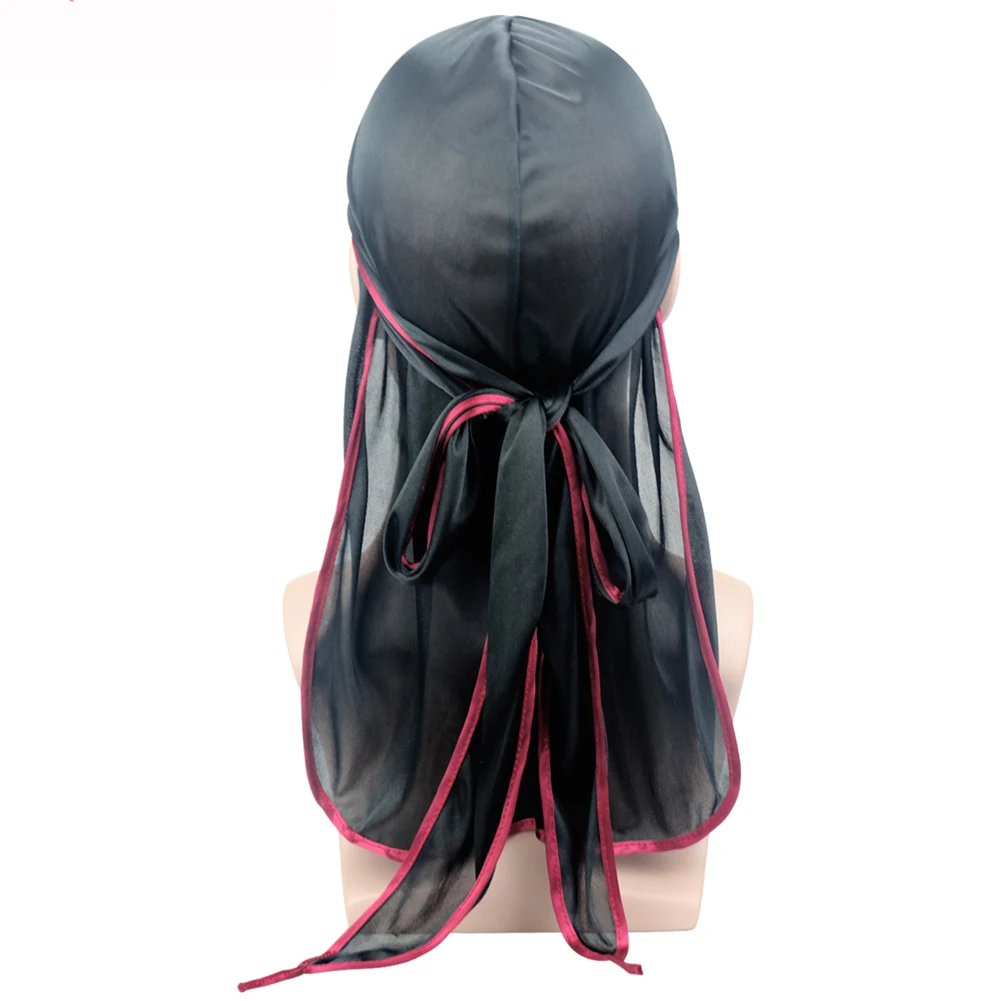 Мужской женский шелковистый головной убор для байкеров бандана Doo Rag Satin Turban Hat красный мягкий Блестящий Новая модная полосатая повязка на голову - Цвет: black burgundy