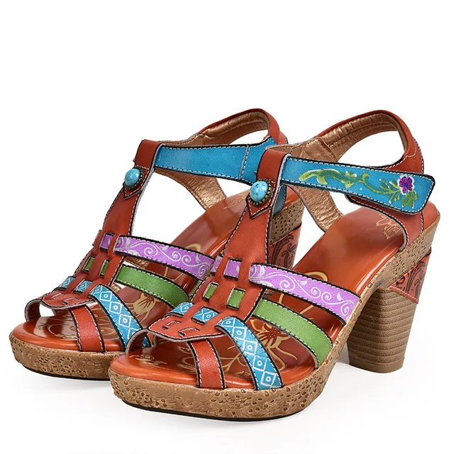 

Retro Genuine Leather Splicing Flowers Pattern Hollow Adjustable Buckle Slip On Sandals Retro Summer Shoes High Heel New