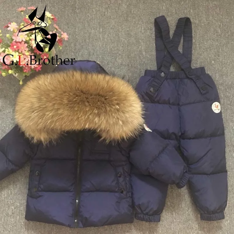 

Russia Winter Children Snowsuit Luxury Natural Fur Waterproof Thick Warm Kids Boys Girls Skiing Suits Down Coat+Overall Jumpsuit