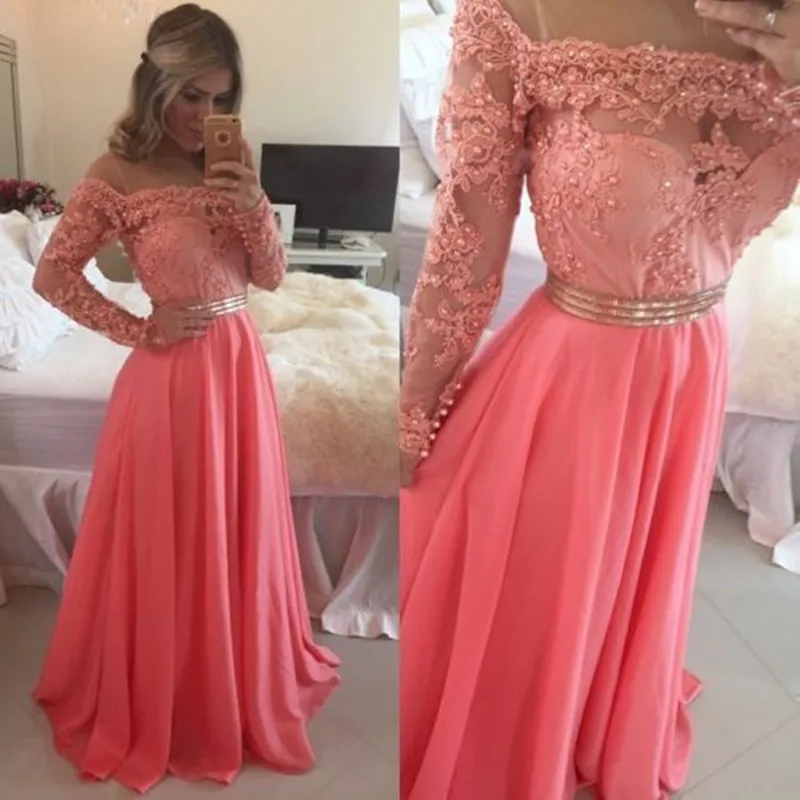 MZYG76 New Pink Long Sleeves Lace Beaded Evening Dress Chiffon Prom