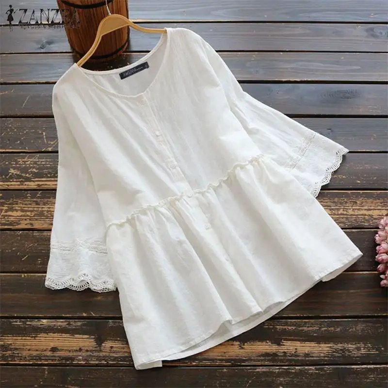 

Elegant Women O Neck 3/4 Sleeve Shirt ZANZEA Autumn Blouse Casual Cotton Linen Blouse Female Work OL Lace Blusas Solid Chemise