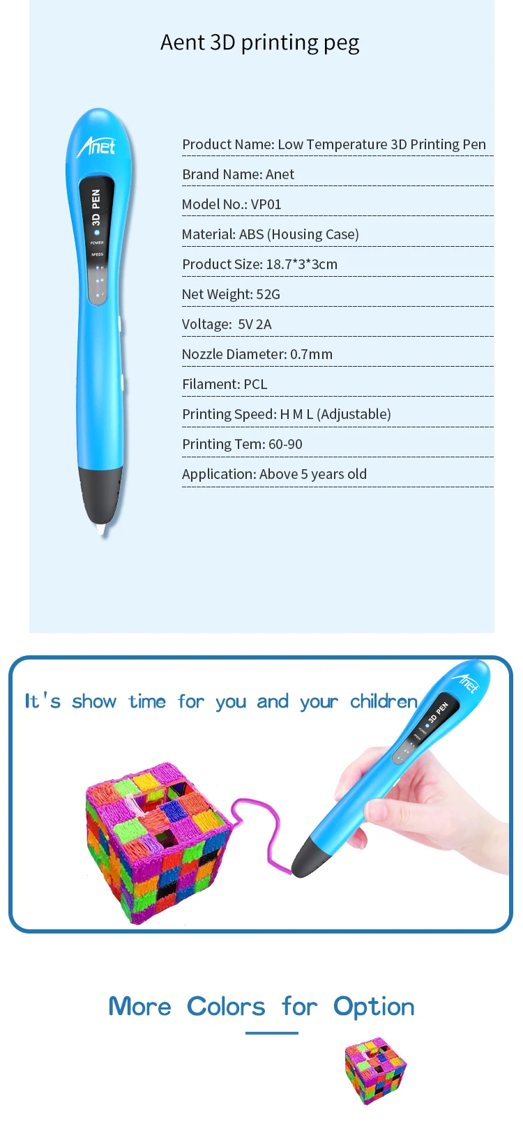 Anet 3d Drawing Pen 1.75mm PCL Filament DIY LED Indicators Low Temperature 3D Pen Printing Pen filament refills for kid Pen 3d