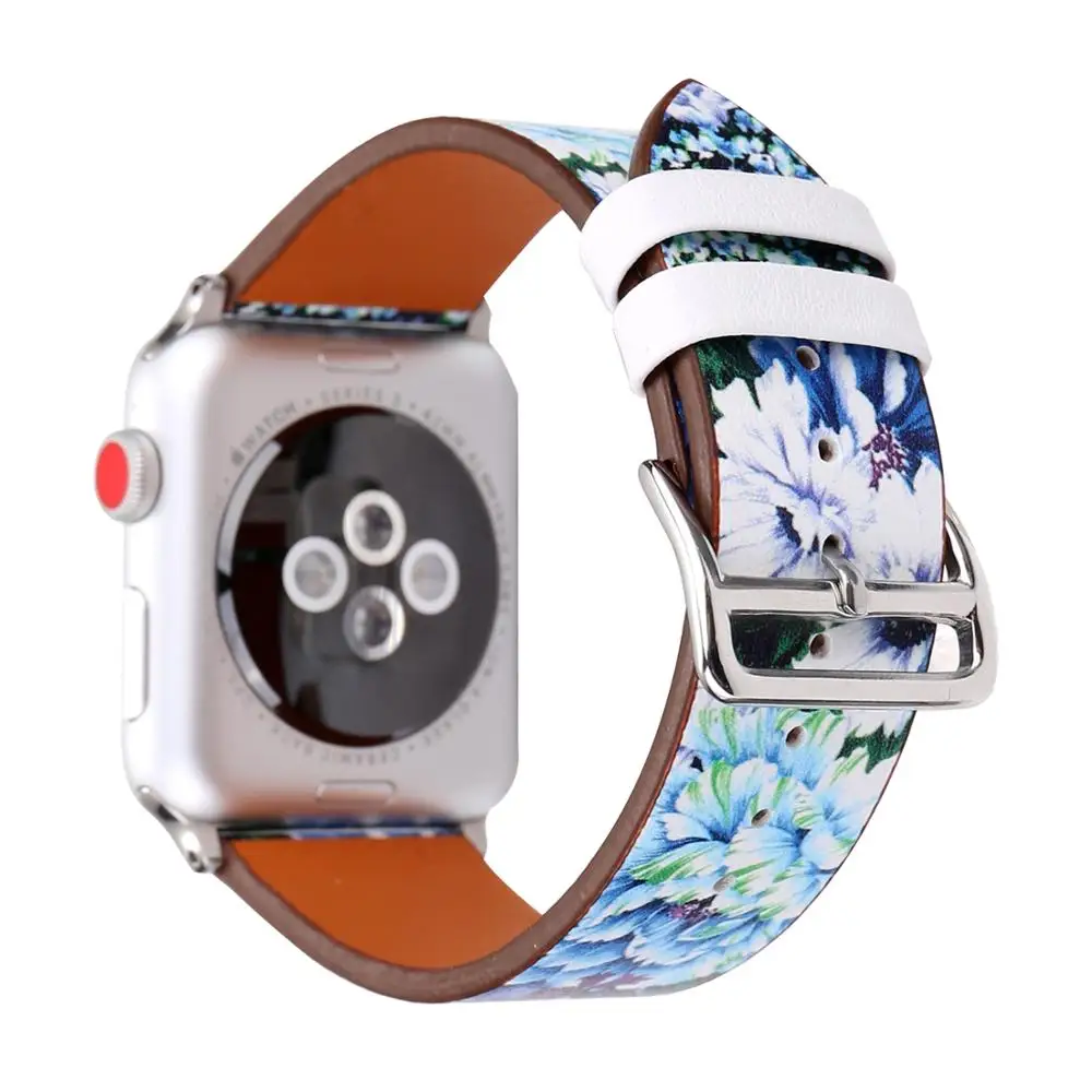 42 мм 44 синий цветок кожаный ремешок для iwatch Apple Watch Series 4 3 2 1 наручные часы браслет