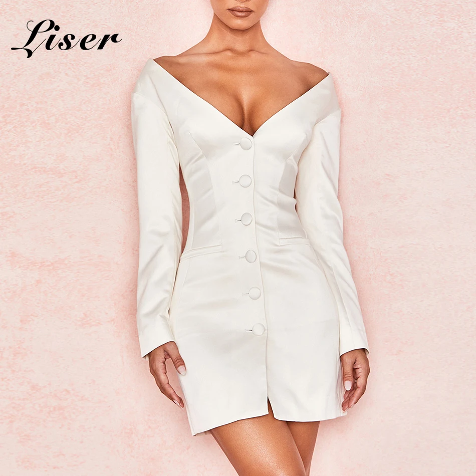 

Liser 2019 New Spring Women Dress V Neck Button Dress Sexy Bodycon Elegant Celebrity Party White Mini Dresses Vestidos Wholesale