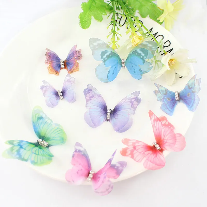 

10PC Chiffond Glitter Diamond Double Layer Butterfly Decorative Accessories Adult DIY Earring Necklace jewelry Crafts Supplies