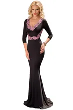 Elegante neue ankunft Formale Kleid mode Meerjungfrau sexy prom cocktail Kontrast Floral Applique Schwarz Langarm Kleid 61302