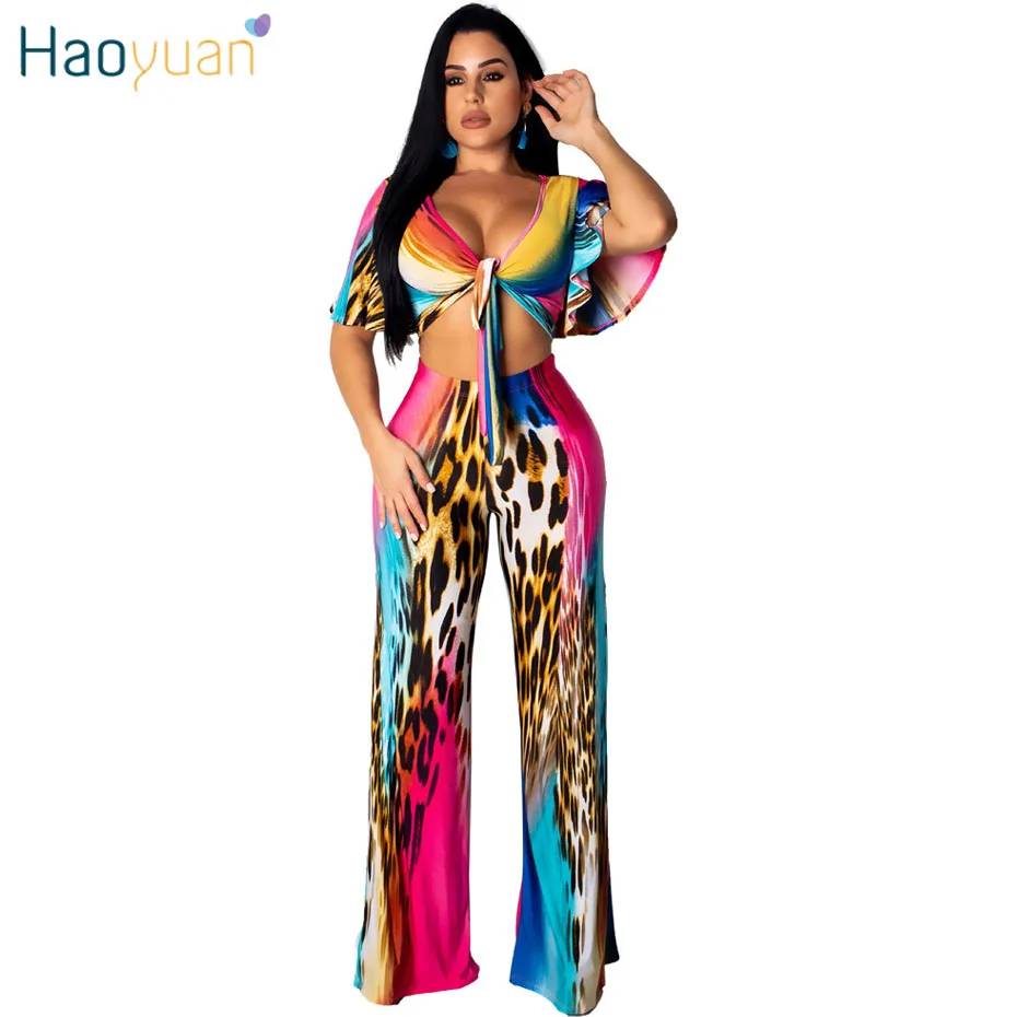 

HAOYUAN Leopard Sexy Two Piece Set Women Summer Clothes Crop Top and Wide Leg Pants Club Outfits Tracksuit 2 Piece Matching Sets