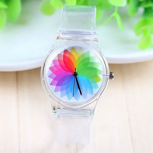 Мальчика девушки красочный циферблат прозрачные силиконовой лентой Спорт кварцевые наручные часы C2K5W