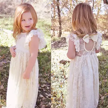 

2019 Baby Girls Lace Bow Cream Color Dress With Fly Sleeve Princess Holiday Party Dress Summer Western Children Clothes