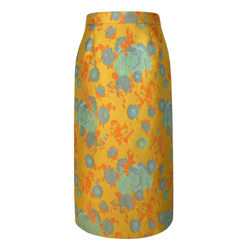 

PERHAPS U yellow floral print knee length straight zipper skirt empire high street summer S0209