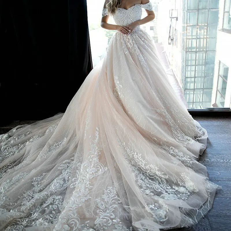 

Vestido De Noiva 2019 Luxury Lace Beading Ball Gown Wedding Dress Sexy Cap Sleeve Cathedral Train Wedding Gowns