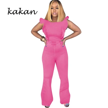 

Kakan summer new women's trumpet jumpsuit ladies wooden ear sleeves denim piece trousers