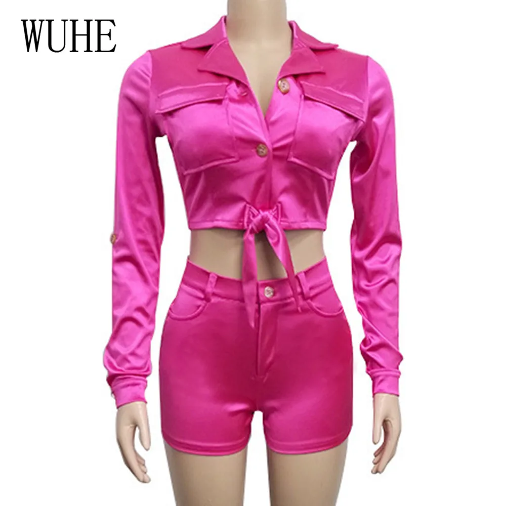 WUHE Autumn Two Pieces Sets Long Sleeve Turn-down Top and Skinny Pants Women Casual High Street Hollow Out Playsuits Feminina