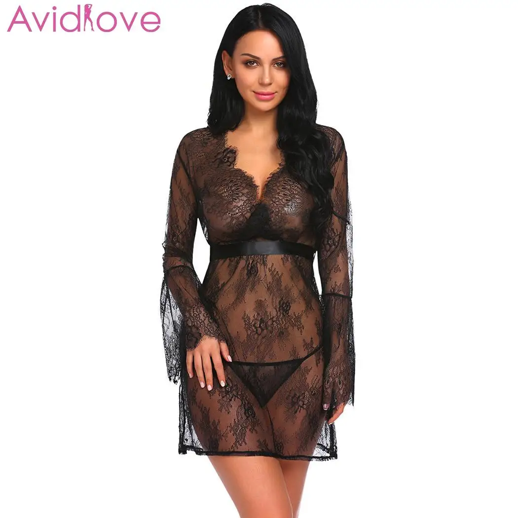 

Avidlove Women Sexy Lingerie Underwear Mesh Babydoll erotic lenceria Through Sleeve Floral Sleepwear V-Neck Flare Long See Lace