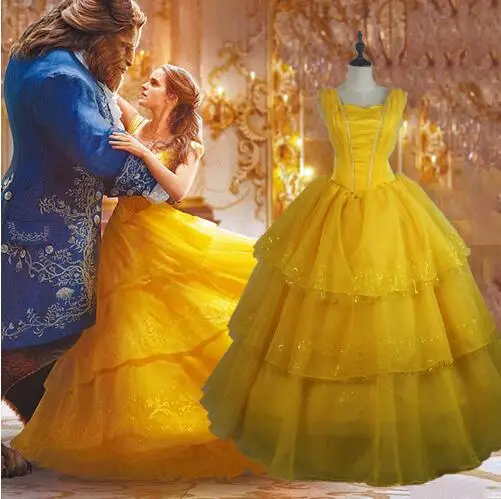 

2017 Beauty And The Beast Costumes Princess Belle Dresses Adult Fancy Cosplay Halloween Costume For Women Yellow Fantasias Dress