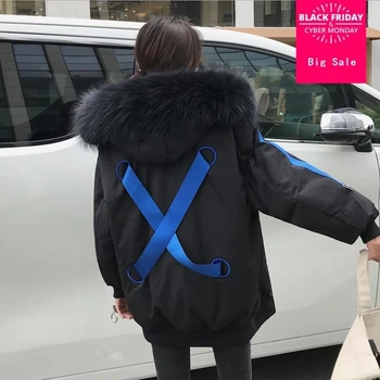 

Winter Harajuku style good quality real duck down coat female hit color natural fur hooded warm down coats wq378 dropship