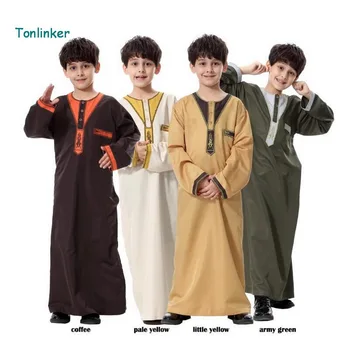

Tonlinker 2018 Muslim kids Arab Middle East Boy Robe Clothes Islamic Clothing children Abaya Embroidery Arabic Boy Clothing