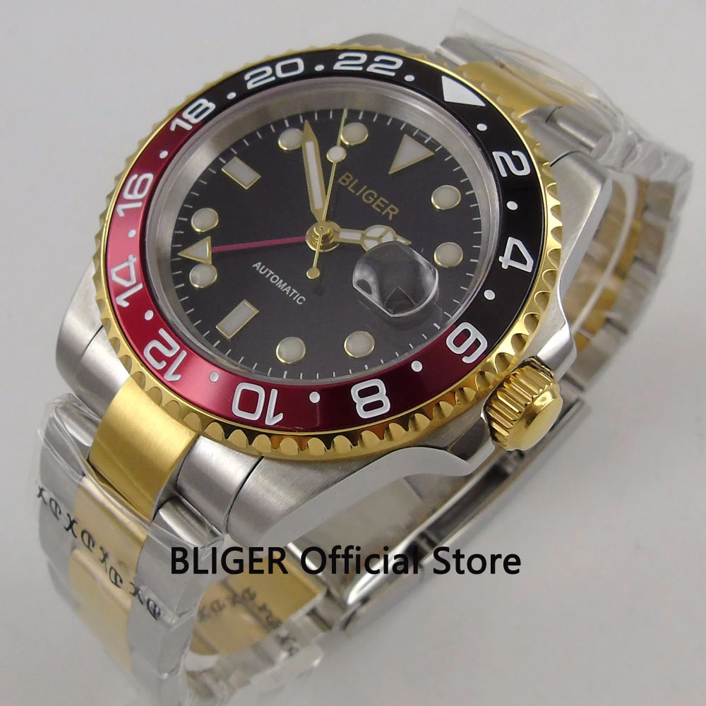 

Sapphire Crystal BLIGER 40MM Watch Black Dial Red Bezel GMT Function Luminous Golden Plated Automatic Movement Men's Watch