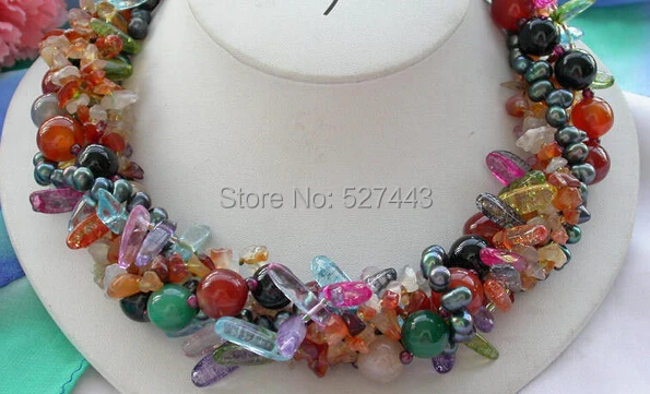 

Wholesale LAN032>>5row 18" multicolor round jade strip crystal black pearl agate NECKLACE