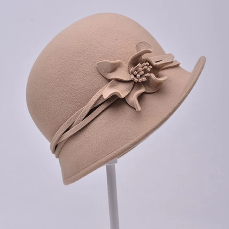 FS вуалетки австралийские шерстяные шапки для женщин осень зима хаки войлочный Клош Fedora элегантные дамские широкие шляпы с цветами