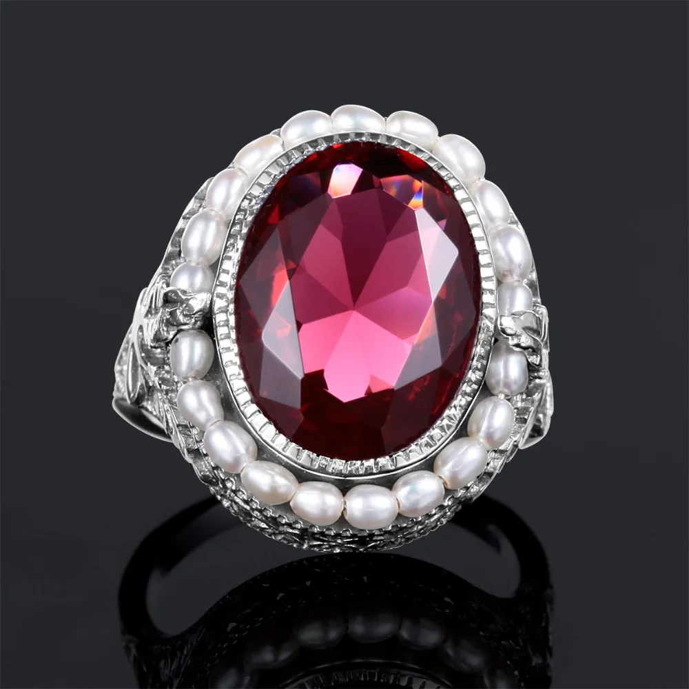 Настоящее кольцо с натуральным пресноводным жемчугом элегантное лабораторное рубиновое CZ Кольцо 925 пробы Серебряное коктейльное кольцо для женщин