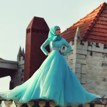 Romantic Muslim Wedding Dress Long Sleeve Custom Made Charming Woman Sky Blue Lace Tulle Beaded Bridal Gowns with Hijab