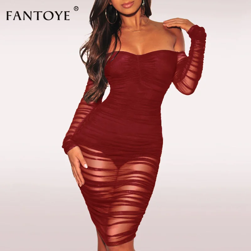 

Fantoye Ruched Mesh Sheer Sexy Dress Women 2018 Autumn Winter Off Shoulder Midi Party Bodycon Club Wear Dress Vestidos