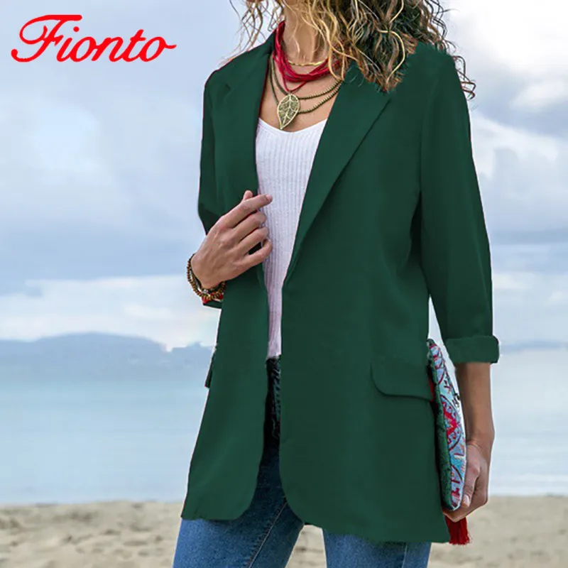 FIONTO женские модные куртки, одноцветные зеленые блейзеры с воротником с лацканами, приталенный Кардиган с длинным рукавом, повседневный блейзер для женщин AN1063
