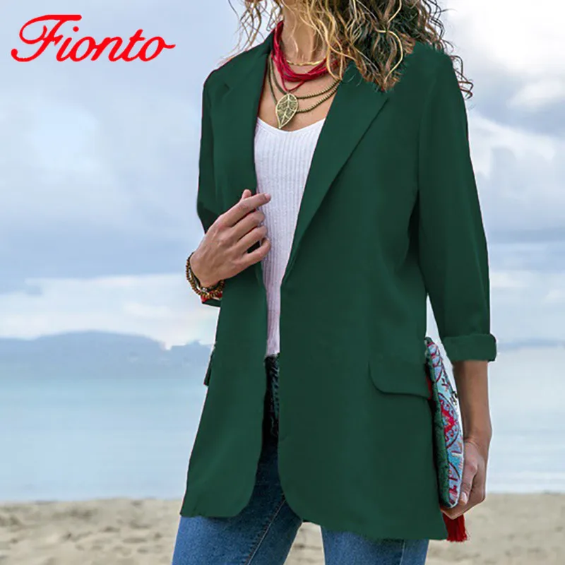 

FIONTO 2019 Ladies Fashion Solid Green Blazers Lapel Collar Slim Fit Long Sleeve Cardigan Casual Blazer Women AN1063