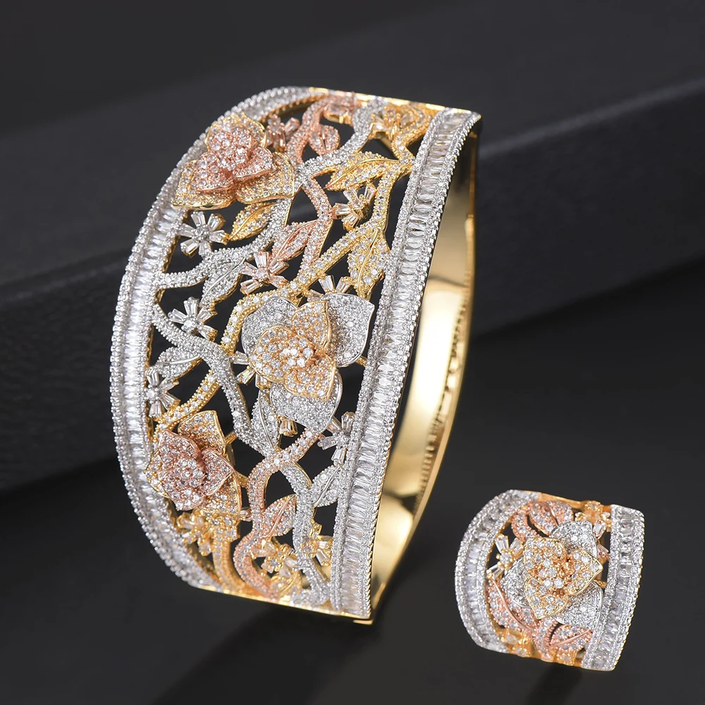 

2 PCS Deluxe Wide surface Flower Shape Hollow Bangle Bracelet Ring jewelry sets CZ Jewelry Sets For Women Engagement