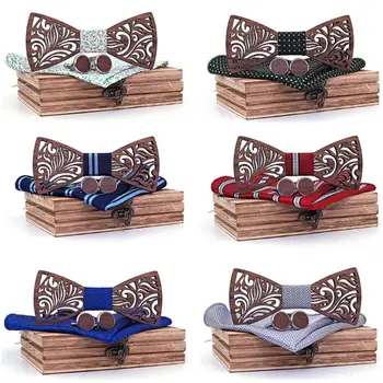 

Fashion Men Wooden Bow Tie Set And Handkerchief Cufflinks Bowtie Necktie Gift For Men Male Wedding Party Clothing Decor 6 Styles