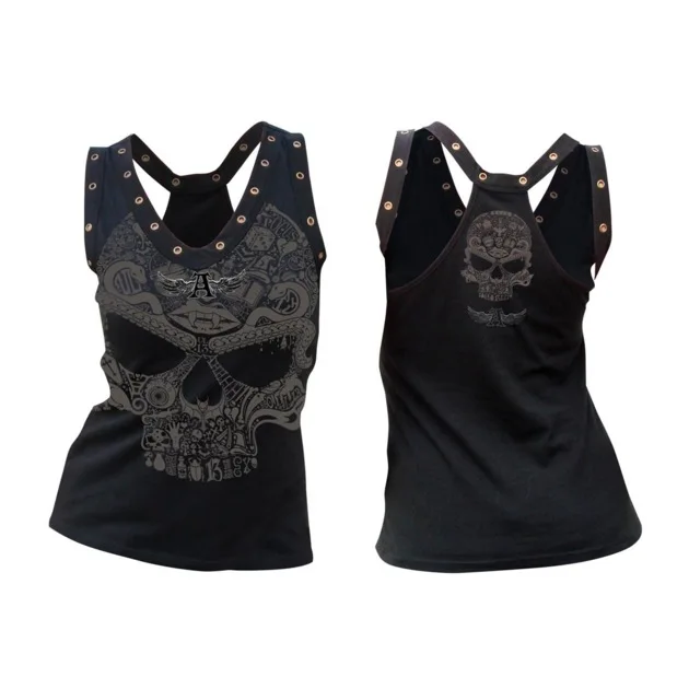 

2019 Womens Hip Hop V Neck Tank Tops Skull Pattern Female Wide Strap Sleeveless Fitness Vest Ladies Sexy Summer Tops Waistcoat