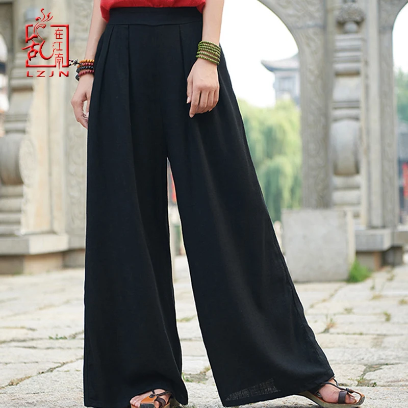 LZJN 2019 Spring Summer Culottes Pants Vintage Cotton Linen Pants Loose Full Length Trousers Women Wide Leg Pants Black 3 Colors