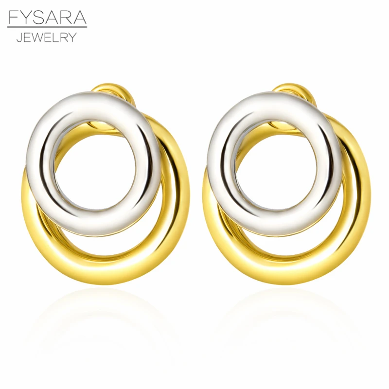 

FYSARA Brand Hollow Two Circles Silver Gold Stud Earrings For Women Luxury Love Round Earrings European Female Jewelry Gift