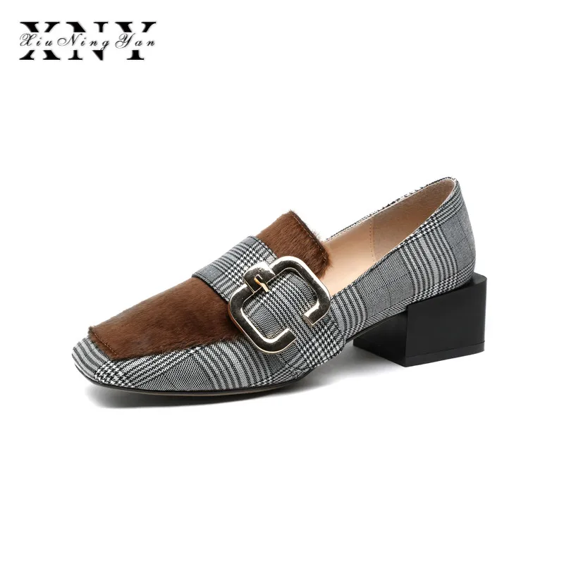 

XIUNINGYAN 2018 Spring Autumn Shoes Woman Horsehair Flats Women Slip On Women's Loafers Female Moccasins Buckle Shoe Large Size