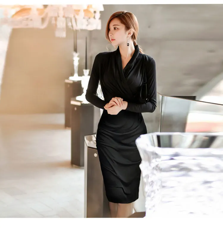 Весеннее женское офисное платье, винтажное, v-образный вырез, длинный рукав, Драпированное, черное, фиолетовое, Vestidos, облегающее платье-карандаш в обтяжку