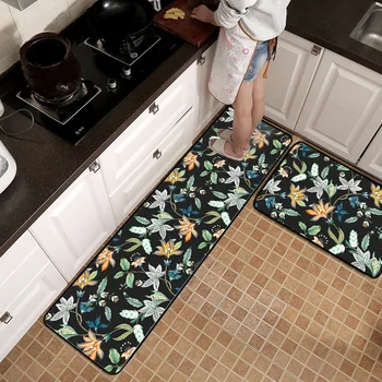 

American style Flower black Kitchen mat wooden floor mat Bedroom bedside strip rug non-slip door mat printing plush carpet