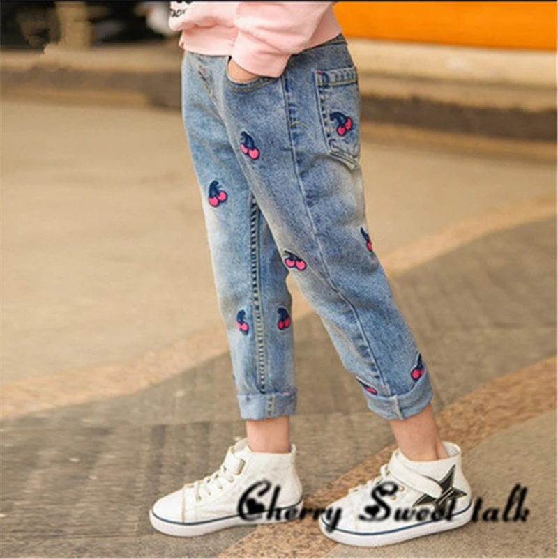 Детские джинсы для девочек брендовые весенние обтягивающие джинсы для маленьких девочек, детские штаны с вышивкой вишни для детей от 3 до 12 лет