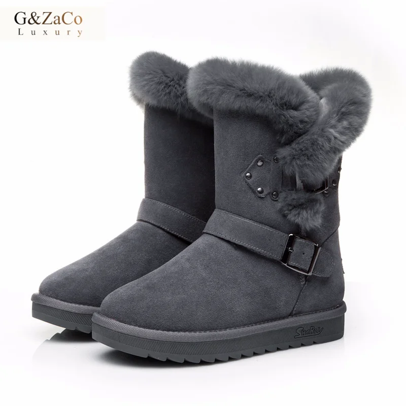 

2018 Winter New Cow Suede Snow Boots Genuine Leather Rivets Rabbit Fur Fashion Middle Calf Boots Warm Boots Women's Cotton Shoes