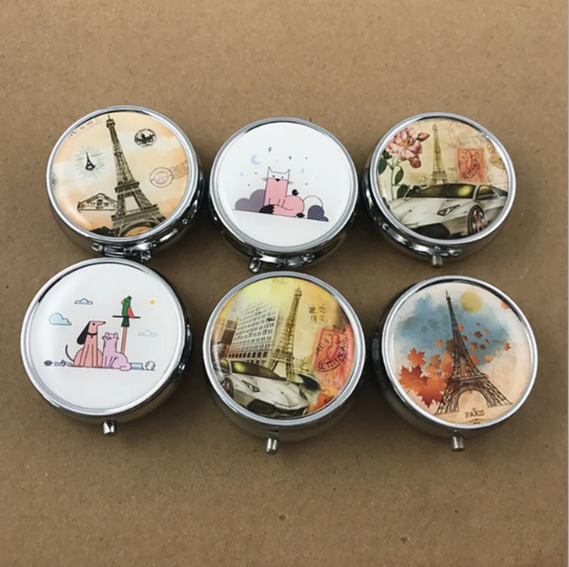 

Portable Metal Round Flower Print Organizer Cute Compartment Pill Case Divid Storage Tablet Container Medicine Box